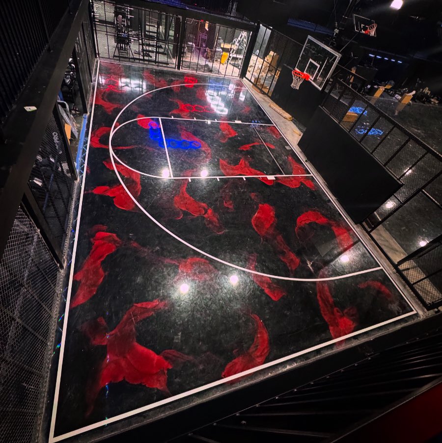officialKDC's tweet photo. First set of lines down KDC GYM Train Like a Pro Logos getting laid down next then adding the top coat #KDC meet me in the cage 💪🏾🔥🏀 https://t.co/jXTnYRvICa