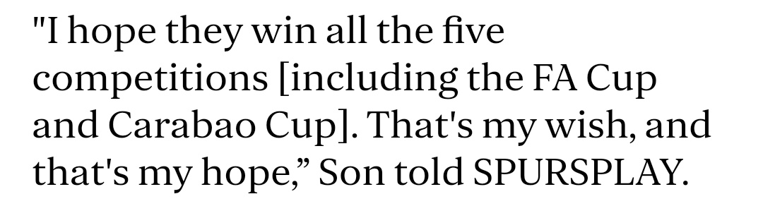 비상이다 흥민이 아까 경기끝나고 스퍼스 플레이 인터뷰에서 "FA컵과 카라바오컵을 포함한 다섯 개 대회에서 모두 우승하길 바랍니다. 
그게 제 소원이고, 그게 제 희망입니다."라고 말햇대.🥹니가없는데..니가 없잔아...