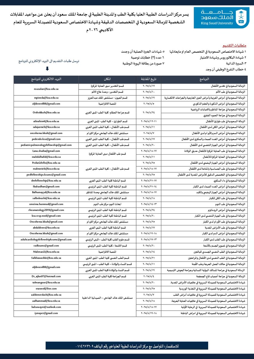يسر مركز الدراسات الطبية العليا بـ ⁧#كلية_الطب⁩ والمدينة الطبية بـ ⁧#جامعة_الملك_سعود⁩ أن يعلن عن مواعيد المقابلات الشخصية للزمالة السعودية في التخصصات الدقيقة وشهادة الاختصاص السعودية للصيدلة السريرية للعام الأكاديمي ٢٠٢٦م