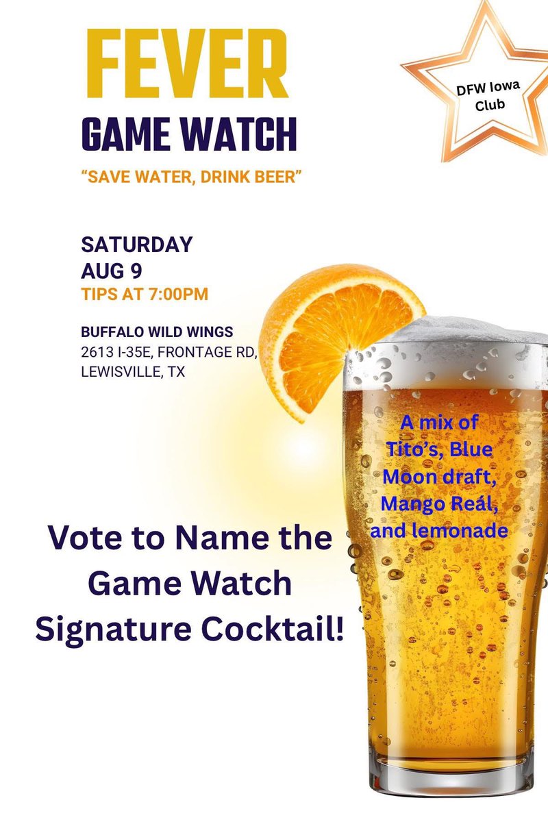 DFWHawkeyes's tweet photo. Got the Fever fever?  🥵.  We do too!  We are hosting a game watch @ Buffalo Wild Wings in Lewisville on Saturday, 8/9.

Fever vs Sky tips @ 7

Help us name this fall’s signature drink &amp; pick our signature sauce.

We can’t wait for football - so come on out this coming Saturday! https://t.co/K2NOjsMeYq