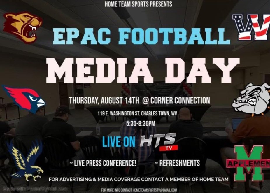 WV Sports Talk (@sportstalk_304) on Twitter photo EPAC Media Day will be Thursday, August 14th from 5:30-8:30pm.
If you're interested in covering media day as a reporter or media member, please contact either <a href="/LaHeemavich/">Drew Pitzer</a> or anyone at <a href="/hometeam_sports/">HomeTeam Sports TV</a> to secure your reservation. They're still looking for at least 5 more people EPAC Media Day will be Thursday, August 14th from 5:30-8:30pm.
If you're interested in covering media day as a reporter or media member, please contact either <a href="/LaHeemavich/">Drew Pitzer</a> or anyone at <a href="/hometeam_sports/">HomeTeam Sports TV</a> to secure your reservation. They're still looking for at least 5 more people