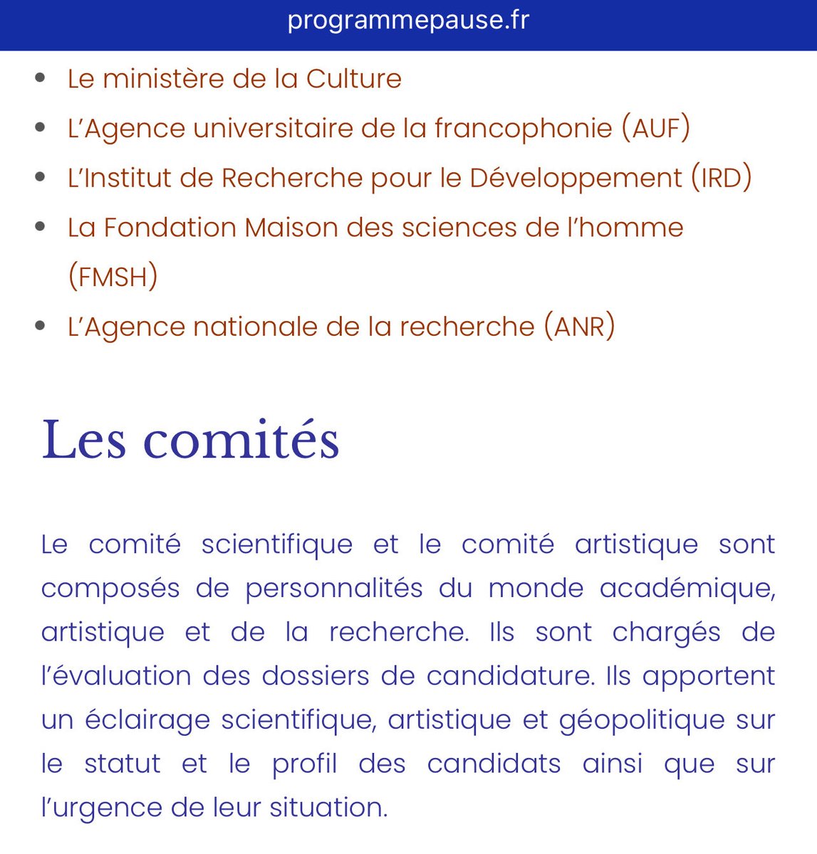 Le programme PAUSE, créé à l’initiative du Collège de France, <a href="/cdf1530/">Collège de France</a> sous l’égide de <a href="/Fondationfrance/">Fondation de France</a> accueille sur le territoire  des chercheurs ou artistes supposément « en danger » dans leur pays d’origine.
Leurs candidatures sont examinées par un comité scientifique et