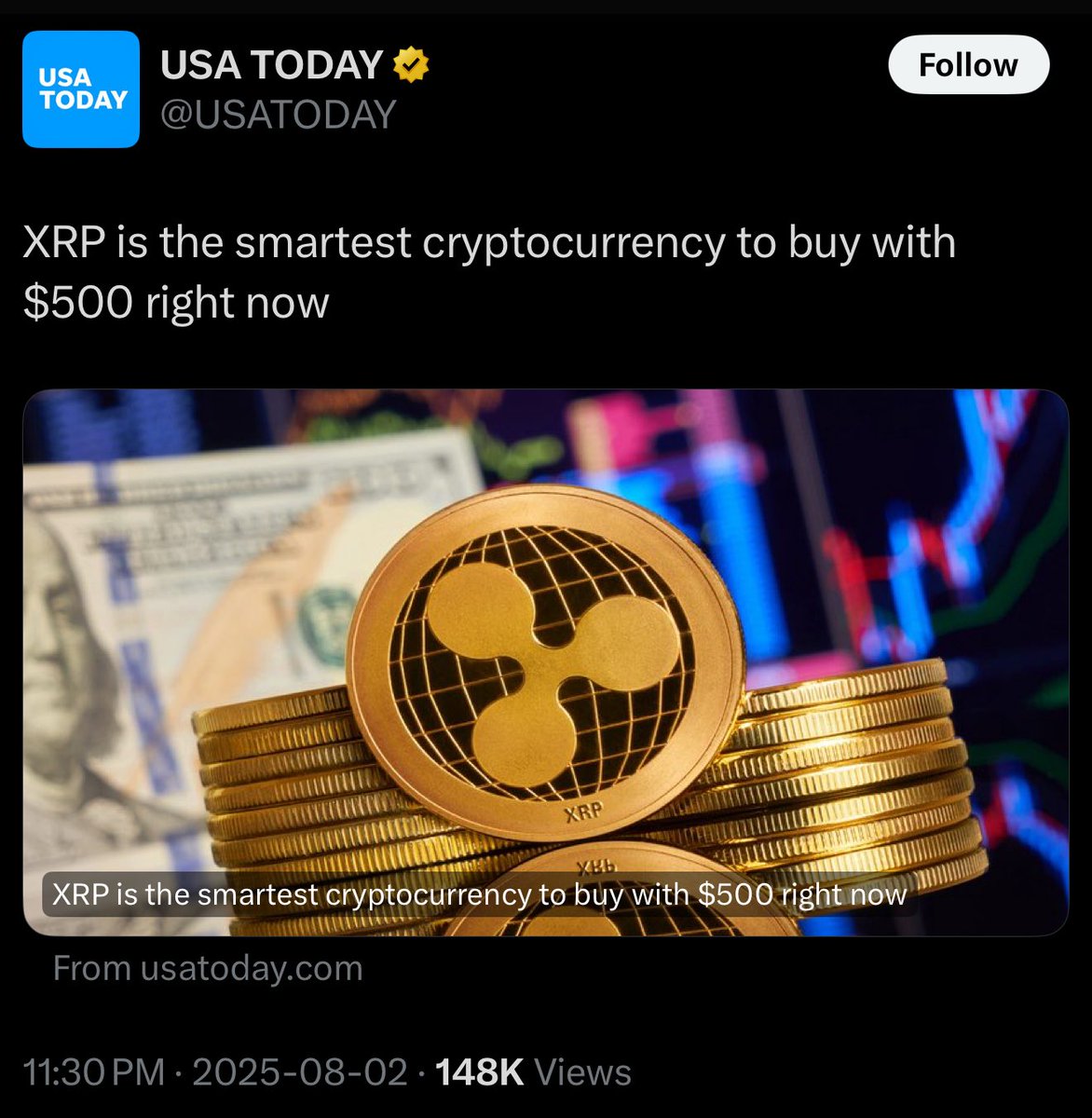 USA Today article on XRP

XRP is the smartest cryptocurrency to buy with $500 right now 👀