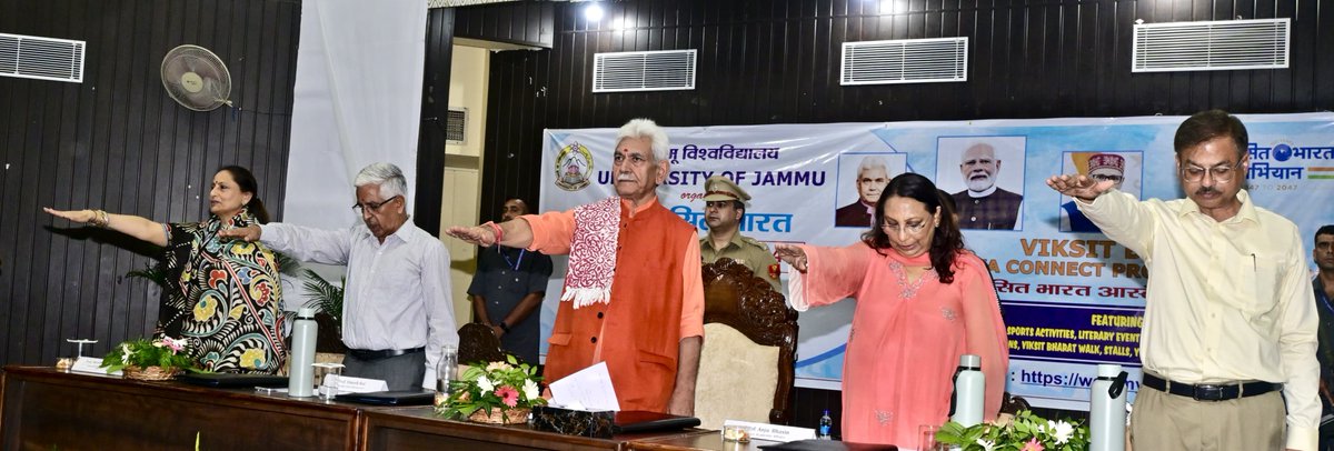 OfficeOfLGJandK's tweet image. Today addressed Viksit Bharat-Yuva Connect Programme at Jammu University. Align with vision of Viksit Bharat@2047, it leverages My Bharat platform to promote dialogue, empowerment and active participation of youth and bridges the gap between young citizens &amp;amp; policymakers.