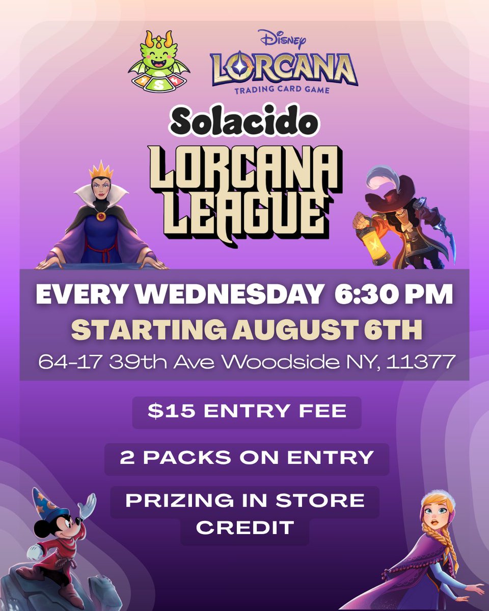 🎉 Solacido TCG Lorcana League 🎉
🔥 Join us every Wednesday for our exciting Lorcana League! Test your deck, sharpen your skills, and compete for awesome prizes!
📅 Date &amp; Time: Every Wednesday at 6:30 PM, starting August 6, 2025
📍 Venue: Solacido Cards and Collectibles, 64-17