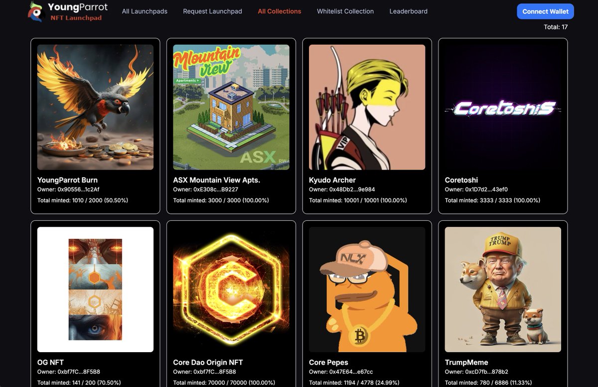 🚀 The hottest NFT collections on Core are already live on YoungParrot's NFT Launchpad!

Explore, mint, and discover your next favorite collection 
👉 nft.youngparrotnft.com/collections

#YoungParrot #YPC