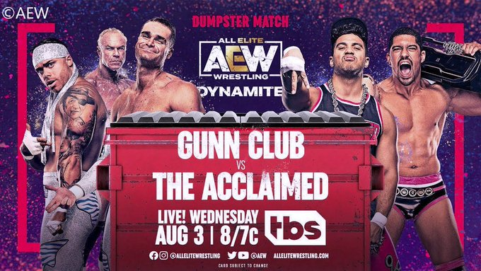 wrestle_hist's tweet photo. 8/3/2022 

The Acclaimed defeated The Gunn Club in a Dumpster Match on Dynamite from the Schottenstein Center in Columbus, Ohio. 

#AEW #AEWDynamite #TheAcclaimed #MaxCaster #AnthonyBowens #TheGunnClub #AustinGunn #ColtenGunn #BillyGunn #MrAss #DaddyAss #DumpsterMatch https://t.co/DAKeobhTre