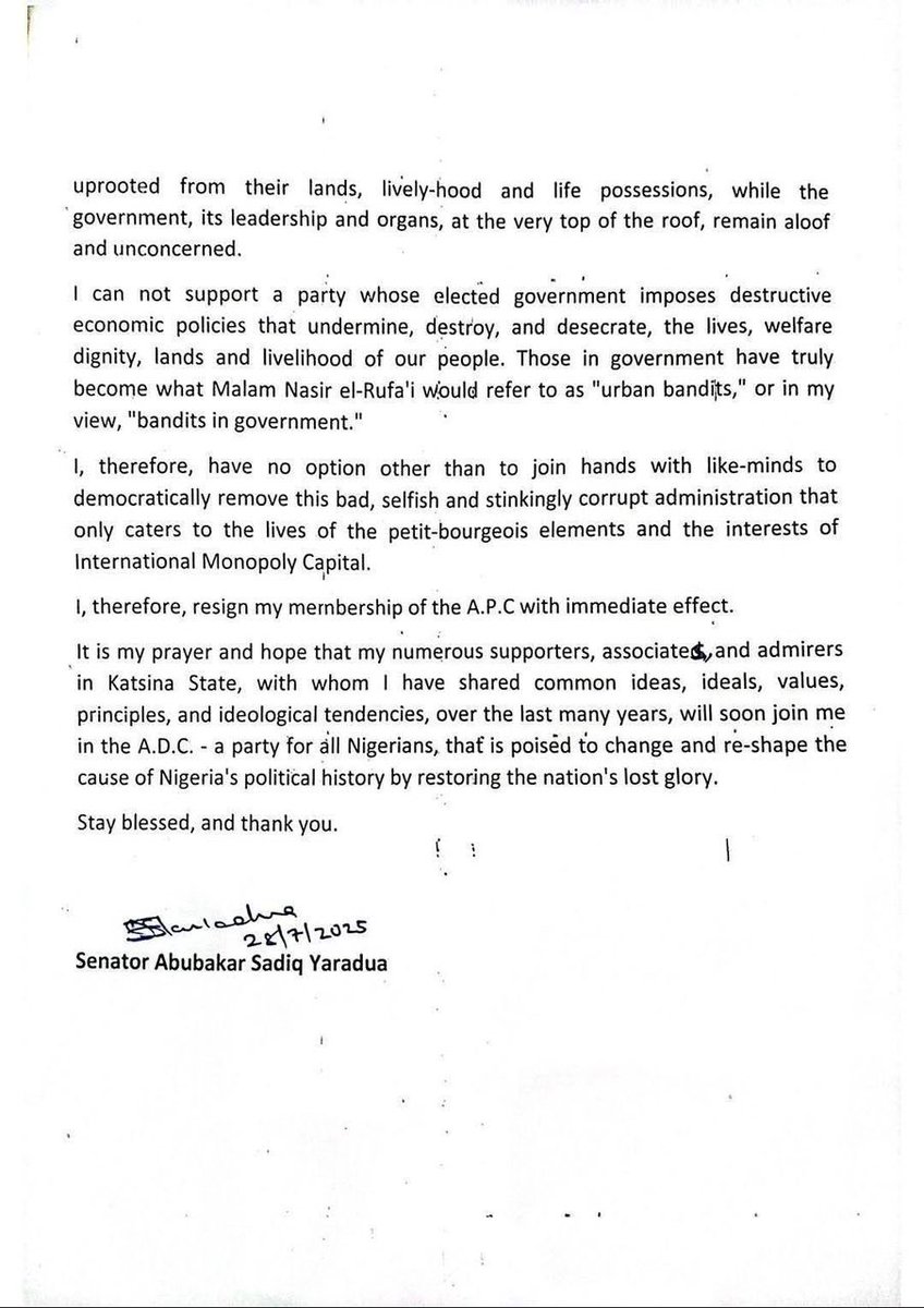 Senator Abubakar Sadiq Yaradua has officially resigned from the APC.