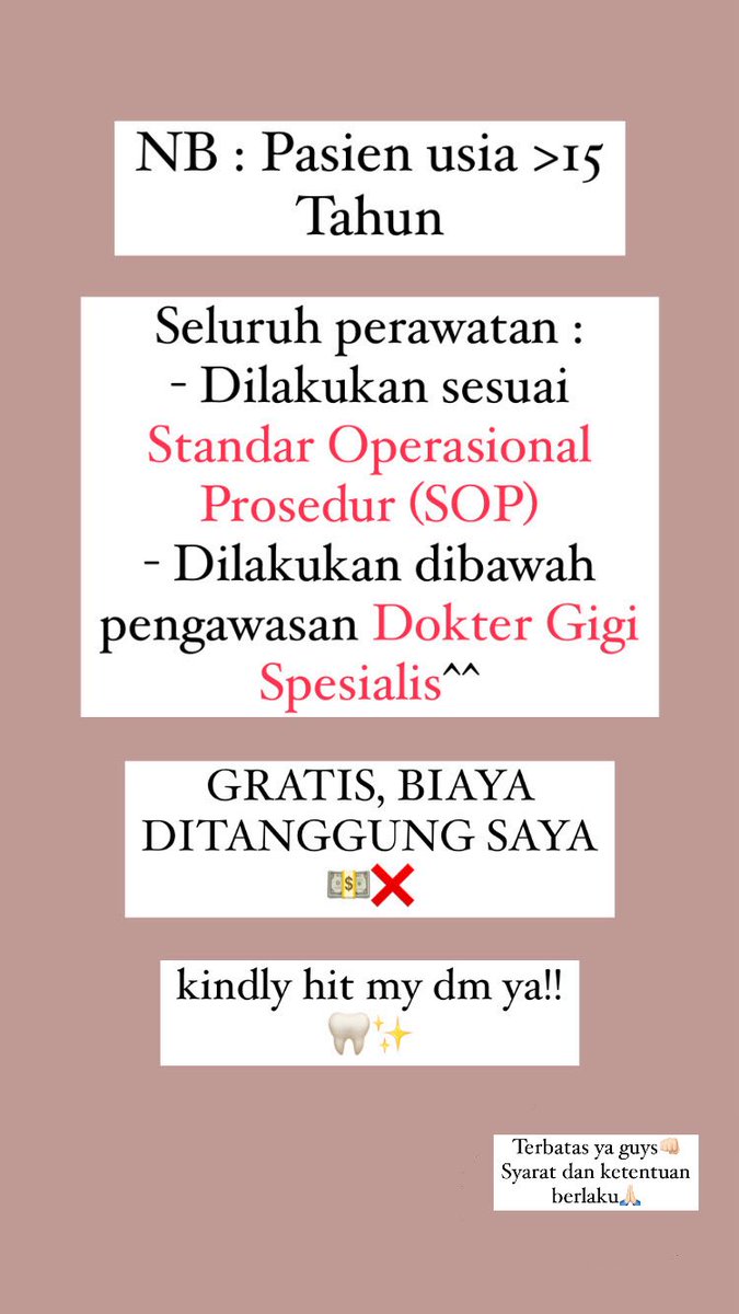 Haloo!! Adakah temen2 yg di daerah JABODETABEK terutama Jakarta Barat Grogol yang punya ingin di scalling karang giginya atau keluhan seperti yang di bawah?👇🏻

Aku mahasiswa coass kedokterag gigi lagi cari pasien nih untuk requirment tugasku😊🤗

Sekiranya kalau berniat, dm ya😚