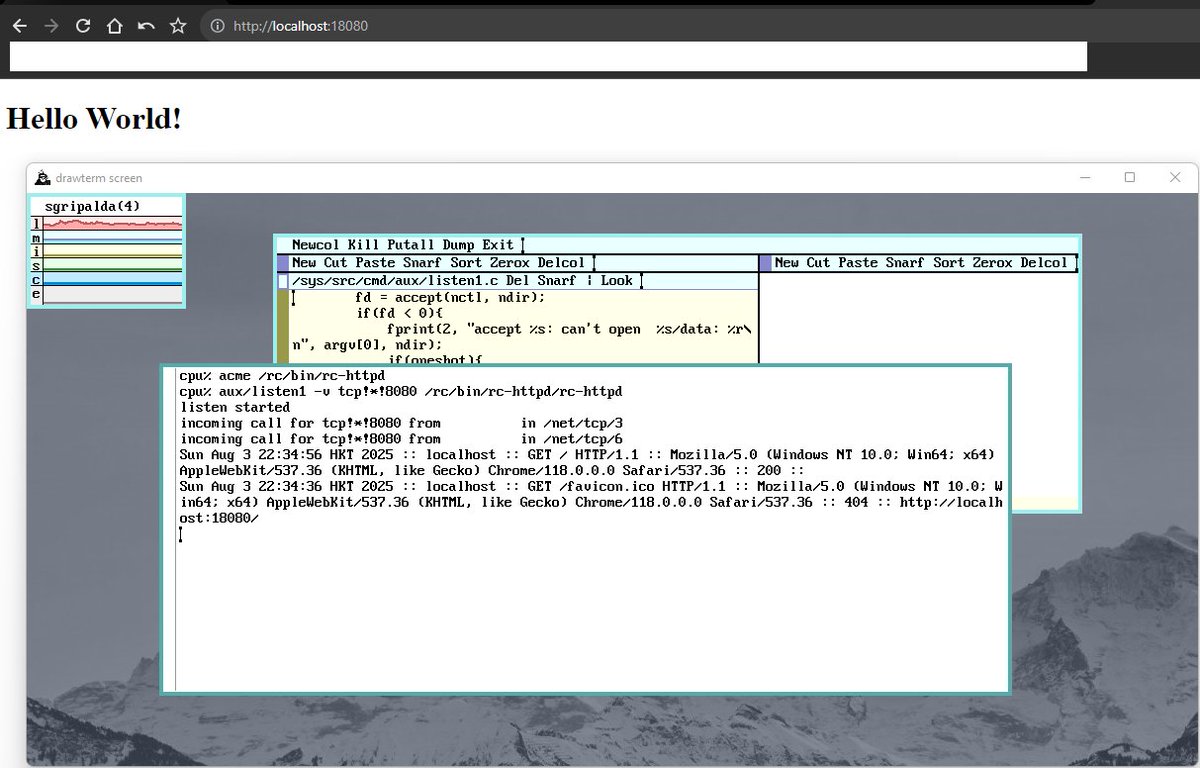 ShannAurelle's tweet image. First time I used aux/listen1 in my #9front setup to open a sample index.html I made inside acme to an external browser🥰 #Plan9