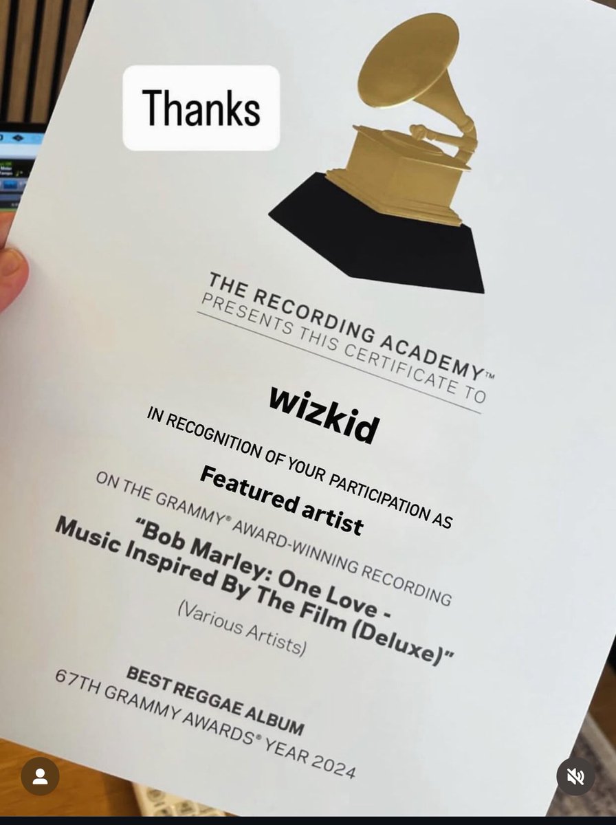 Wizkid received a Grammy certificate for his contribution on Bob-Marley: One love Music inspired by the film (Deluxe)!❤️