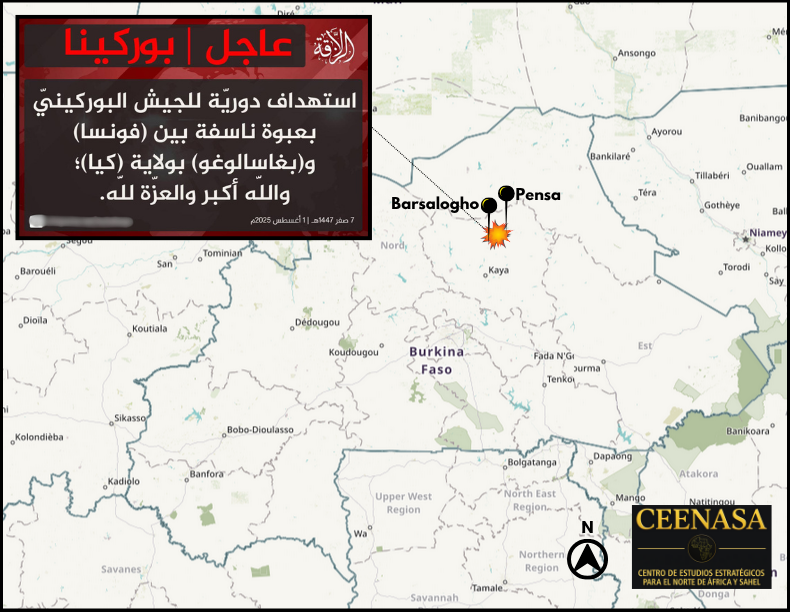 CEENASA396971's tweet photo. #BURKINA FASO 🇧🇫 

On Aug 1, the #JNIM claimed to have targeted a military patrol with an IED between #Barsalogho and #Pensa in #Kaya Province. https://t.co/u48oeFet6Z