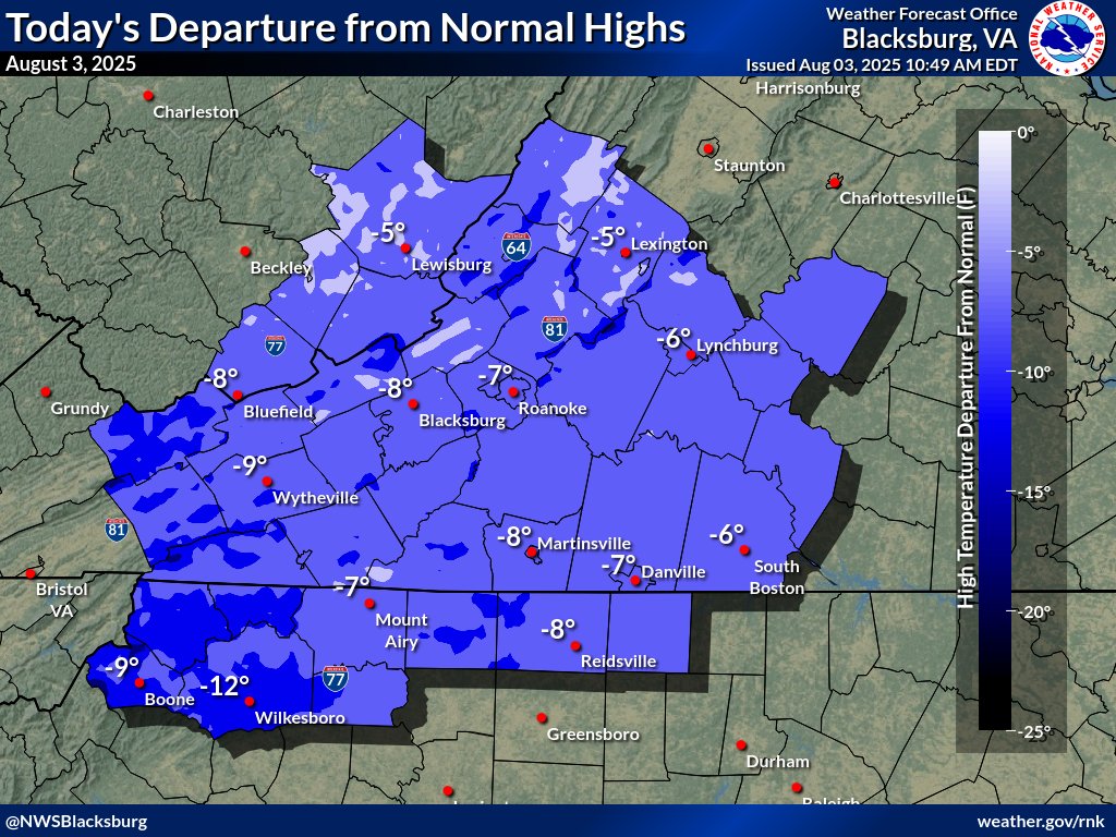 High temperatures across the region today will average around five to ten degrees below normal. Some of the higher peaks and ridges will experience an even greater negative departure from normal.
