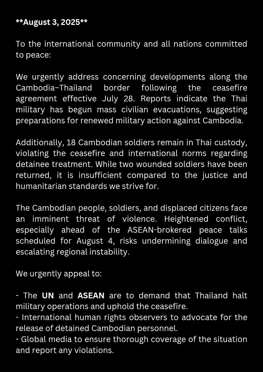 dyna24000's tweet photo. A ceasefire means cease fire.
Yet Cambodia’s soldiers remain in custody. Civilians are in danger.
Peace talks are coming soon.
Will the world stay silent today?

RESPECT CEASEFIRE AGREEMENT 
#CambodiaNeedPeace 
#ReleaseCambodiaSoldiers https://t.co/jtc9jqtAmS