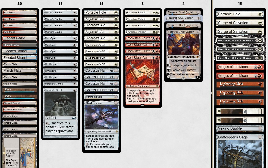 I got a 5-0 with the hammer list <a href="/DisgruntledElk/">Travis Brown</a> and I have been working on.  It wasn't the realest MUs, but the deck is feeling good. It seems underplayed. 
affinity 2-1
affinity 2-1
lutri 2-0
yawg 2-0
domain zoo 2-0