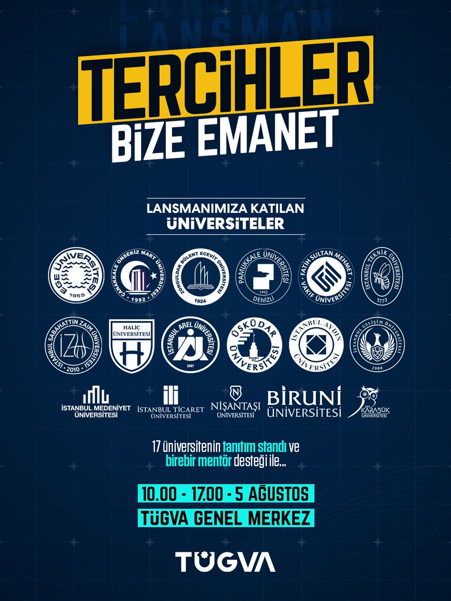 Tercihler Bize Emanet Lansmanına Bekliyoruz! 🎓

Uzman konuklar, üniversite tanıtım stantları ve birebir mentörlük desteğiyle dolu ilham verici bir gün seni bekliyor! Rehberlik, hedef odaklı tercihler bu lansmanda! 🚀 ⚡️ 

📌 bizimkampus.com.tr/tercihler-bize…

📌 Katılmak için formu