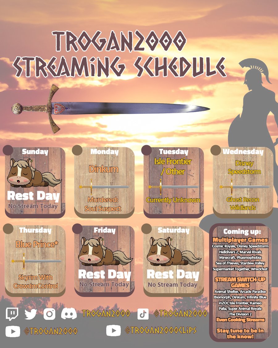 NEW SCHEDULE UPDATE, we switched to a new game Monday night, added more information about Tuesday morning and Thursday mornings stream, we even fixed our switch in / out games list

Current Streaming platforms? Twitch and TikTok Trogan2000