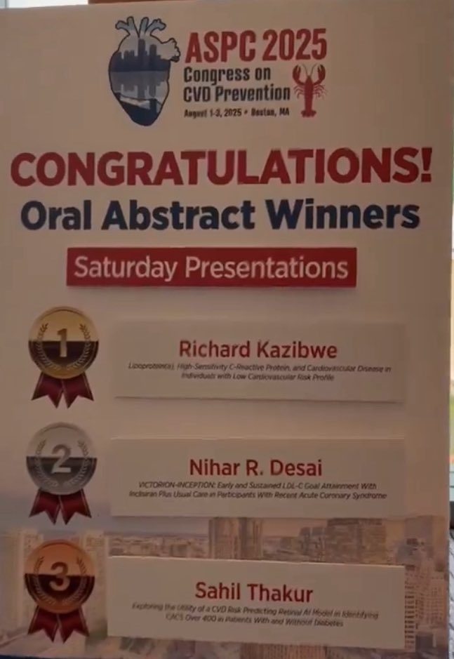 Honored to win 1st place for my oral abstract based on our work examining the utility of Lp(a) &amp; hs-CRP in assessing CV risk in low-risk individuals! 🏆 <a href="/DrMichaelShapir/">Michael D. Shapiro</a> 
#ASPC2025 #CVDPrevention