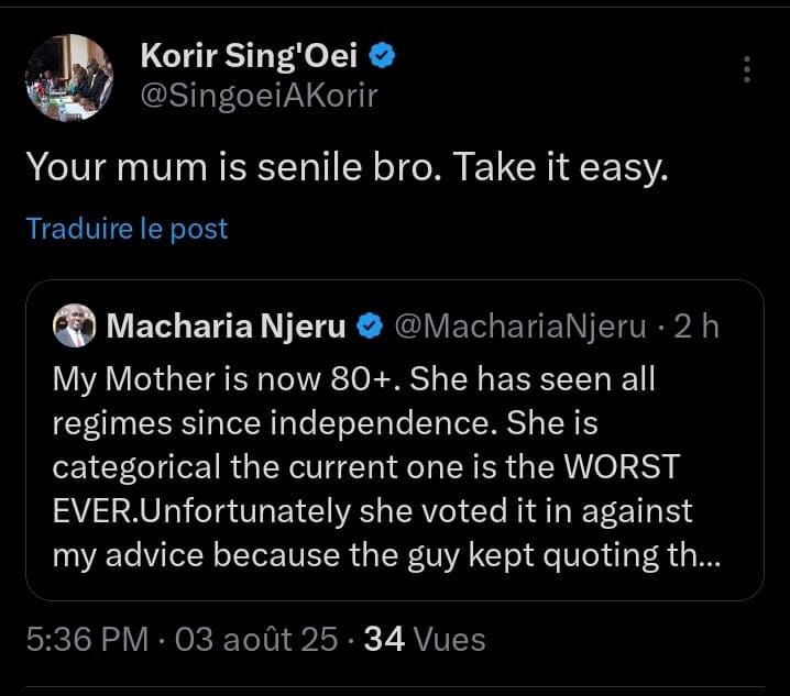 Sandrah_Kimani's tweet photo. @WilliamsRuto this 👇is how your Officials speak to Citizens / Voters.  
It would be good for you to remind @SingoeiAKorir that senile" voter's vote is what facilitated for him to get that PS job. Sing'Oei, you need to do a month a KSG. You are a Public SERVANT! Shenzi sana. https://t.co/lkeL9RF6eN
