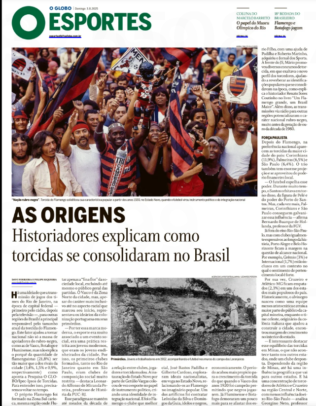 LeandroFontes50's tweet photo. UMA POLÊMICA COM O FLAMENGUISMO nunca foi tão importante. A matéria de destaque do Caderno de Esportes do @jornaloglobo, assinada por Davi Ferreira e Felipe Siqueira, é mentirosa e deve ser respondid. Em primeiro lugar se faz necessário criticar o método dos colunistas, que fizeram um apanhado de recortes parciais, sem cronologia de épocas e que, de tal forma, apresenta uma visão distorcida ao ocultar dados objetivos, o que inviabiliza o elemento comparativo. Mas não só, para além desse fator, a reportagem chama atenção para a “chancela” de historiadores, que “explicam como as torcidas se consolidaram no Brasil”. Entretanto, o jornal buscou três nomes que representam a narrativa hegemônica da literatura do futebol brasileiro, entre eles, dois que escreveram livros de exaltação ao Flamengo, sendo que um (Flamengo grande, Brasil maior), foi base central de dados da reportagem em questão. Quer dizer, o problema não é ouvir historiadores do gabarito de Bernardo Buarque de Hollanda, Leonardo A. M. Pereira e Renato Soares Coutinho, que, aliás, respeito e dialogo textualmente como parte da base bibliográfica para qualquer analise crítica da literatura do futebol. Contudo, não haver um contraponto sequer aos que chancelam a “narrativa flamenga”, não é razoável para uma matéria como esta do Globo. Por exemplo, a matéria afirma que o Flamengo, tal como Botafogo e Fluminense, só aceitável a “fina flor” da sociedade da Zona Sul. Mas porque não deixou nítido o significado racista dessa afirmação? Por outro lado, afirma que o Vasco representava “os ideários da colonização portuguesa em seus primórdios”. Vejam o peso e a medida: ocultam o racismo de um lado e colocam a etiqueta pejorativa de clube do colonizador do outro. Porém, é inegável o racismo no seio de Flamengo, Fluminense Botafogo, basta ler os estatutos das ligas de futebol e quem votava em favor dos mesmos. Ou seja, sequer precisa de um exame detalhado na vida interna de cada um desses clubes. Mas, o Vasco pode ser taxado como “clube do colonizado”? Vira e mexe esse tema volta como um espatálio, não à toa respondi um post caluniador de Antônio Tabet (https://t.co/xxnGGPpDXY)e escrevi um pequeno artigo (https://t.co/DkoxKhRzsN) para contrapor a uma agitação em redes sociais de uma charge de 1959 do cartunista Otélo Caçador. É importante registrar que esse tema também foi explorado no livro “Flamengo grande, Brasil maior” e foi respondido na obra “Vasco: o clube do povo - uma polemica com o flamenguismo (1923-1958)”, na qual o autor rubro-negro tenta enquadrar a coluna “Uma Pedrinha na Chuteira” do Jornal dos Sports e, sobretudo, seu autor “Zé de São Januário” (Alvaro do Nascimento) como um “propagador da ideologia lusitana” utilizando os canais e as vestimentas cruzmaltinas. A coluna Uma Pedrinha na Chuteira, no miolo do jornal, uma tirinha lateral que poderia ocupar 20% de uma página, não teria o poder de propor ou adentrar em uma luta encarnada por simbolismos. Não havia “igualdade de armas” para isso, Mario Filho era o diretor-chefe e co-proprietário do jornal, Cascadura era um assalariado. E mais, a suposta associação do Vasco ao lusitanismo nos anos 1940 ocorreu muito mais por parte das crônicas de Zé Lins do Rego e de Mario Filho do que por pronunciamentos de Zé de São Januário. Aliás, nesse período, a produção de Cascadura (como era chamado Alvaro do Nascimento nas redações) ficou muito voltada para a história do Vasco, a relação com a CBD, Cyro Aranha, Vargas Neto, Conselho Deliberativo do Vasco, os cigarros “Pauli-Poli”, Expresso da Vitória, a Copa de 50, São Januário, Maracanã, além de incontáveis relatos pitorescos e polêmicas entre os clubes cariocas. Onde que nesse eixo se enquadra a orientação lusitanista? Claro que em uma ou outra coluna aparece alusão a terra natal, mas nada mais que natural se tratando de um homem que nasceu em Portugal. Todavia, isso não enquadro o Vasco com a abjeta narrativa de “clube da colonização”. Afinal, o próprio presidente da Resposta Histórica, José Augusto Prestes, foi um militante republicano anti-monarquista e participou de um levante revolucionário de dia 31 de janeiro de 1891 antes de imigrar para o Brasil (https://t.co/IZixk5opr5). Por isso, é preciso afirmar que essa narrativa é falsa, assim como não se sustenta a ideia que na Era Vargas, o Flamengo foi beneficiado por ter adotado uma marketing “nacionalista”, se apoiando na ideologia do Estado Novo, que, diga-se de passagem, utilizou o Estádio de São Januário como seu principal palco cívico. Portanto, a verdade é que o consórcio de imprensa (Jornal dos Sports e O Globo), aliado com a gestão José Bastos Padilha, criou um rótulo de "brasilidade" para tornar o Flamengo, até então, racista e elitista, palatável e acessível para massas populares. De tal forma, a narrativa de “clube do colonizador” versos “clube da brasilidade” e/ou da “cidade cartão postal do Brasil” não é um mero acaso. Como não é um mero acaso, na matéria dominical do Globo, afirmar que o Flamengo solidificou a sua característica popular nos anos de 1930, mas sem mencionar qual clube possuía esta característica antes do clube da Gávea e seguiu mantendo nas décadas seguintes. Nesse quesito a pesquisa que materializou o livro “Vasco: o clube do povo – uma polêmica com o flamenguismo (1923-1958)” liquida qualquer argumento apresentando dados irrefutáveis, como o da passagem que socializo abaixo:

No dia 15 de maio de 1954, a Revista Manchete, publicou uma entrevista com Mario Filho. Nessa entrevista, realizada por Darwin Brandão, Mario Filho responde a seguinte pergunta: O Flamengo é realmente o “maior”?

Resposta de Mario Filho: “A popularidade do Flamengo é realmente espantosa. E mais espantosa porque cresceu assustadoramente nos anos de derrota. O Flamengo tornou-se, assim, um clube de gente, talvez o único que se pode apagar, que se pode ver como multidão. Um Vasco e um Fluminense são grandes por outras coisas. Agente pensa no Vasco e pensa em São Januário, na piscina maior da América do Sul. Pensa no Fluminense e pensa numa arrumação de parque, inglês, tudo direitinho. Quando agente pensa no Flamengo nem pensa da sede do Morro da Viúva: pensa na multidão. E se assusta com o tamanho dela. Que é dele também”.

Me parece que os olhos de Mario Filho estavam “míopes” para o lado da torcida do Vasco, que vinha dando demonstrações de enorme força, hegemonizando de forma incontestável as arrecadações entre o final dos anos 1940 e o início dos anos 1950 como revela a crônica lapidar e com tom de ironia de Zé de São Januário no Jornal dos Sports (13 /02 /1951).

"Uma Pedrinha na Shooteira

Mario Filho está organizando uma série de estatísticas sobre o futebol metropolitano. Entre as estatísticas de Mário Filho conta-se a das rendas.

E Mário Filho dá-nos a saber quais as dez maiores rendas em jogos do campeonato regional.

Ainda que pareça impossível, a maior renda até agora verificada nos jogos em que não participou o Vasco da Gama, foi conseguida no encontro Fluminense-América, na temporada de 1950. A renda em apreço atingiu Cr$498.832,00.
As dez maiores rendas são as seguintes.

-10º lugar – Fluminense-América, na temporada de 1950 Cr$498.832,00.
-9º lugar – Vasco-Flamengo, em 1950 - Cr$568.723,00.
-8º lugar – Botafogo-Vasco, em 1948 - Cr$570.000,00.
-7º lugar – Vasco-Flamengo, em 1949 - Cr$577.540,00.
-6º lugar – Vasco-Fluminense, em 1949 - Cr$581.970,00.
-5º lugar – Bangu-Vasco, em 1950 - Cr$582.850,00.
-4º lugar – Vasco-Fluminense, em 1950 - Cr$620.556,00.
-3º lugar – Vasco-Bangu, em 1950 - Cr$788.195,00.
-2º lugar – Vasco-Botafogo, em 1950 - Cr$987.934,00.
-1º lugar – América-Vasco, em 1950 – Cr$1.577.014,00.

Como se verifica as maiores rendas do campeonato pertencem ao Vasco da Gama.

Os clubes incluídos nas maiores rendas do football metropolitano são os seguintes: Vasco, América, Botafogo, Bangu, Fluminense e Flamengo.

O grêmio da Cruz de Malta conseguiu 9 primeiros lugares em 10 partidas; Fluminense três; América, Botafogo, Bangu e Flamengo dois primeiros lugares cada um.

O interessante é que o Vasco da Gama não usa títulos pomposos. Não é o clube mais querido do Brasil, nem possui o estádio mais bonito da cidade.

O Vasco, coitado, é o Vasco mesmo. É um clube antipático e possui o estádio mais feio do mundo…

Mas o que o Vasco é maior, isso ninguém discute. E quem discute, deseja encobrir o sol com uma peneira… ZÉ DE SÃO JANUÁRIO".

Mas não só, o livro também apresenta números oficiais, divulgados nos jornais da época por conta do critério de classificação do Torneio Rio-São Paulo, que o Vasco teve mais público e renda na primeira década do Estádio do Maracanã do que Flamengo, Fluminense e Botafogo. Isto sem contar com o número de associados nos clubes que o Vasco era disparado o maior e concursos como do Jornal A NOITE de 1961 que promoveu a eleição de qual clube carioca enfrentaria Real Madri que se encontrava na Rio de Janeiro. O jornal A Noite no dia 23 de janeiro publica uma enorme manchete: “O povo escolheu. O Vasco enfrentará o Real Madri”. Portanto, a matéria deste domingo no Caderno Esportes do Globo, com o presente conteúdo e a forma que está posta, sem qualquer estudo comparativo digno de nota, não passa de uma nova embalagem de um velho produto “vendido” goela abaixo por meios de comunicação como o Grupo Globo, que na prática são a essência do flamenguismo e a razão cientifica do salto numérico da torcida rubro-negra.
