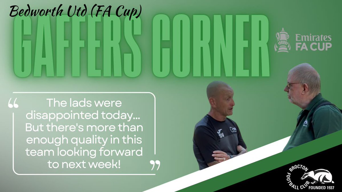 GAFFERS CORNER - <a href="/bedworth_united/">Bedworth United FC</a> 2 Brocton 1 - FA Cup 

<a href="/gjhsport/">gjhsport</a> catches up with Steve Vaughan on our cup exit against higher league opposition and then look forward to our first league game next week! #EmiratesFACup 

youtu.be/t8XTkJ_4zgI?si…