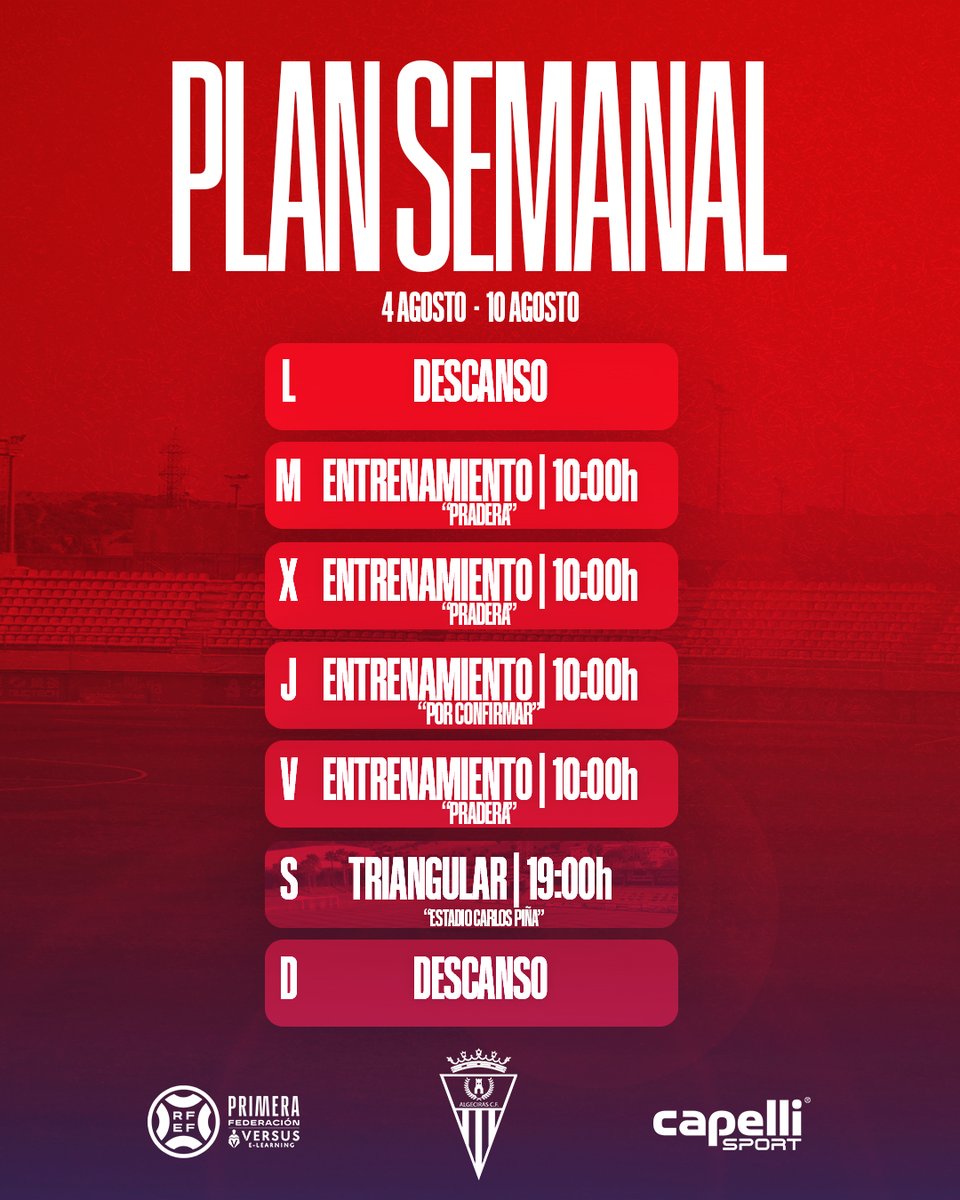 🗓️ | Planificación semanal para la plantilla a lo largo de los próximos días.

👉 El equipo jugará el sábado (19.00h) un triangular en #LosBarrios frente a la Unión y el Ceuta B.

💸 Las entradas costarán diez euros en taquilla.