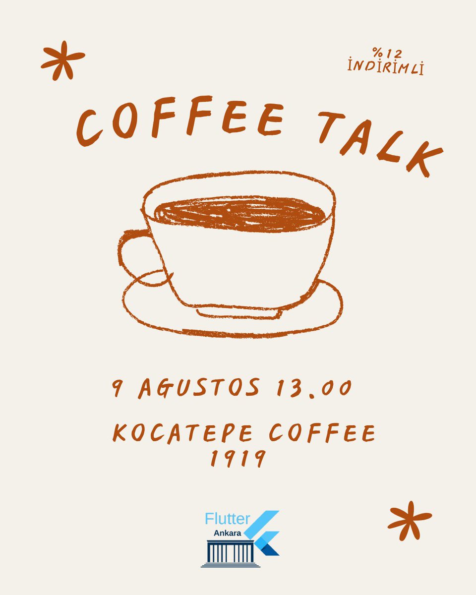 9 Ağustos Cumartesi, 13.00'de Kocatepe Coffee 1919'da (Kızılay Meydanı, Milli Müdafa Caddesi) düzenleyeceğimiz Flutter Ankara üyelerine özel %12 indirimli Coffee Talk etkinliğimize davetlisiniz 💙 
Meetup üzerinden kayıt olmayı unutmayın 🤩
Kayıt için 👉🏻 meetup.com/flutter-ankara…