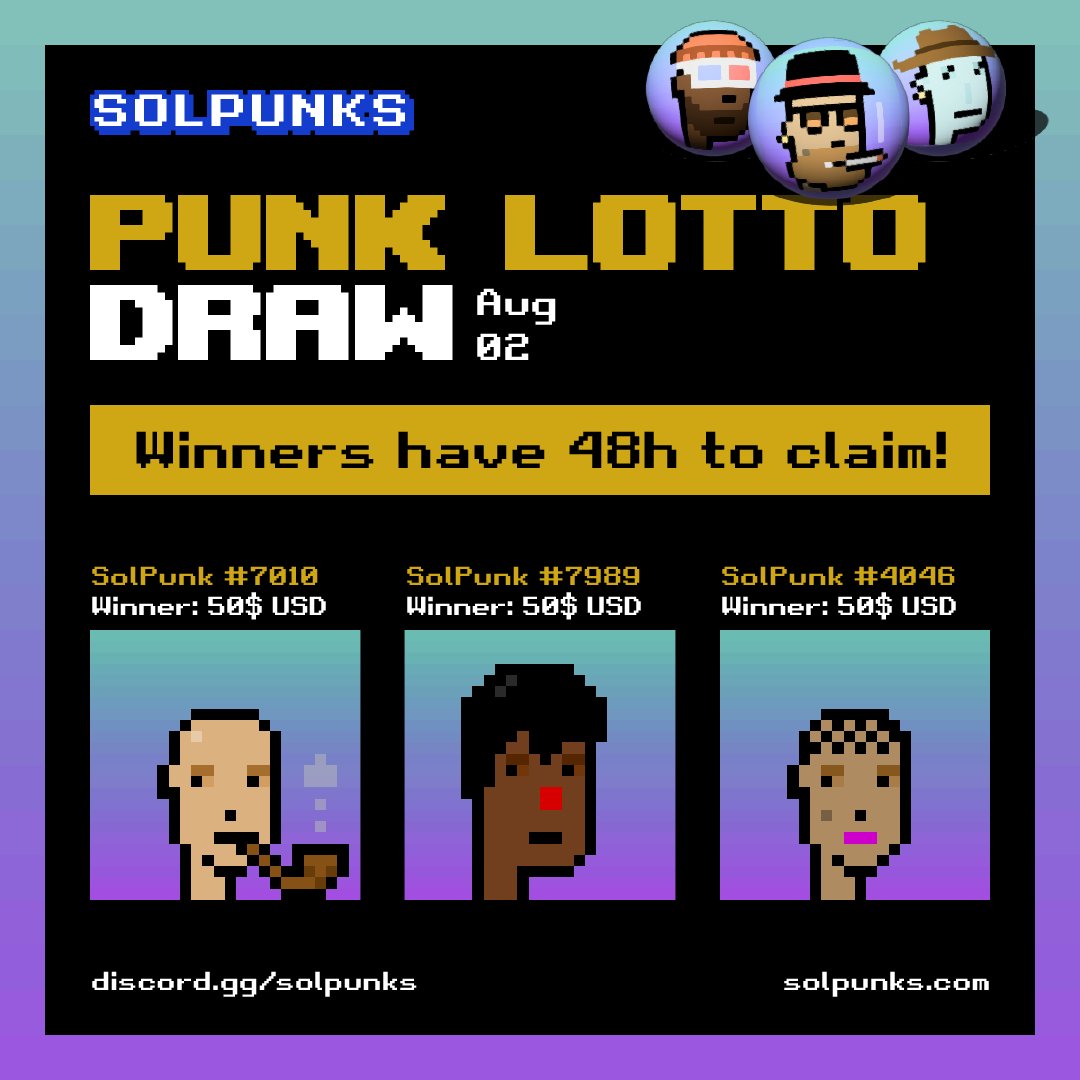 This week's Lotto Results are out! As always, congrats to the winners, you have 48h to claim your prizes!

- #7010
- #7989
- #4046

Join the 1st collection to complete mint on Solana and get a chance to WIN the Lotto every week! discord.gg/solpunks