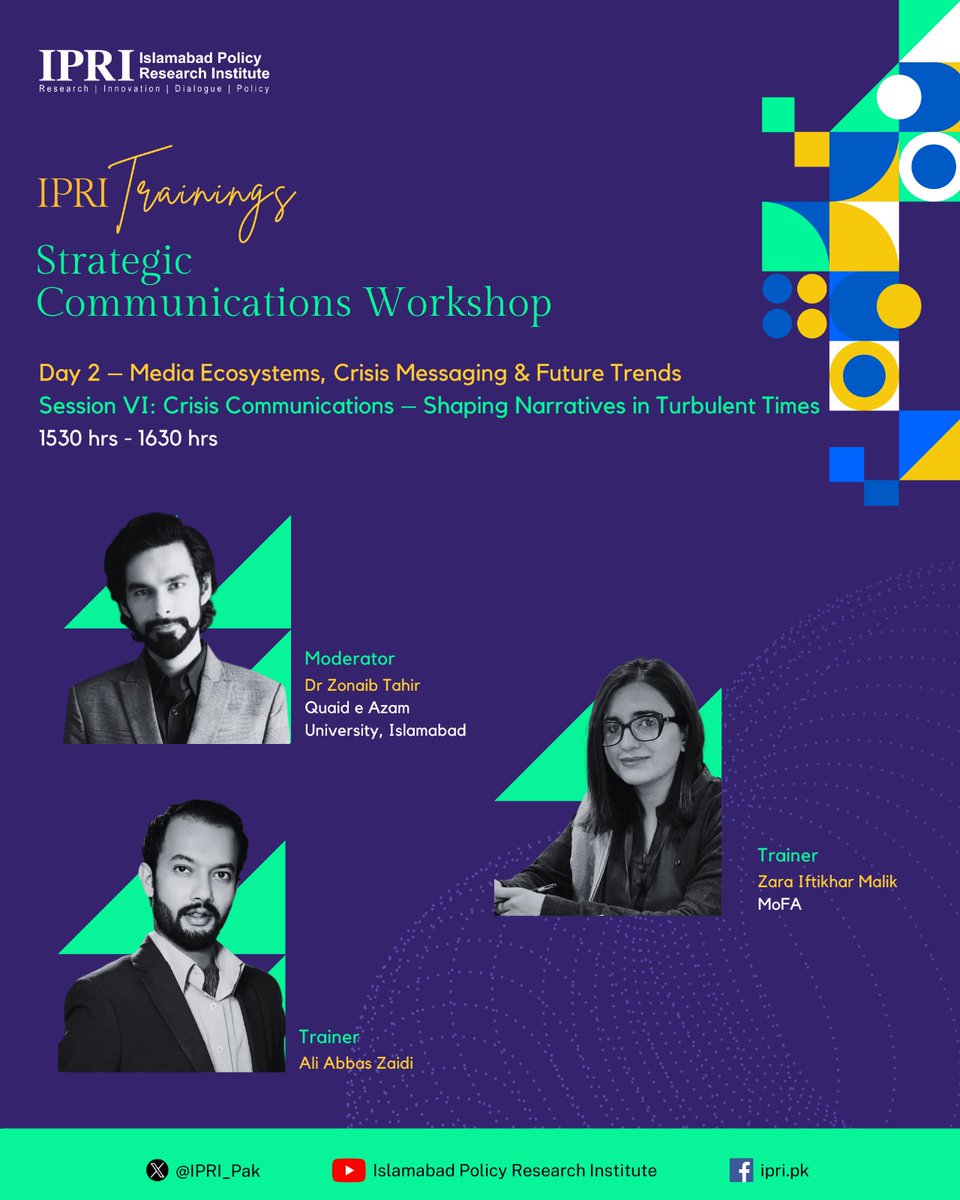 Islamabad Policy Research Institute (@ipri_pak) on Twitter photo IPRI Trainings|
Strategic Communications Workshop
Join us for a focused workshop designed for mid-career professionals, government officials, academics, and members of the think tank community.
🗣️Featured Speakers for Day 2
Director Advocacy & Communications <a href="/SiddiqueHumayun/">Siddique Humayun</a>, IPRI Trainings|
Strategic Communications Workshop
Join us for a focused workshop designed for mid-career professionals, government officials, academics, and members of the think tank community.
🗣️Featured Speakers for Day 2
Director Advocacy & Communications <a href="/SiddiqueHumayun/">Siddique Humayun</a>,