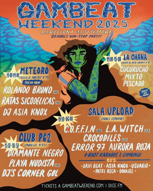 Quin tros de marató de 20 hores ens espera dissabte 13 de setembre al #GambeatWeekend que es farà entre <a href="/UploadBarcelona/">Upload Barcelona</a>, <a href="/parallel62bcn/">Paral·lel 62</a>, la sala Meteoro i un dels bars imprescindibles del Poble Sec, La Chana. I a sobre podrem veure <a href="/LA_WITCH/">L.A. WITCH</a>, <a href="/killcrocodiles/">Crocodiles</a>, <a href="/diamante__bcn/">Diamante Negro 🏝️</a>...