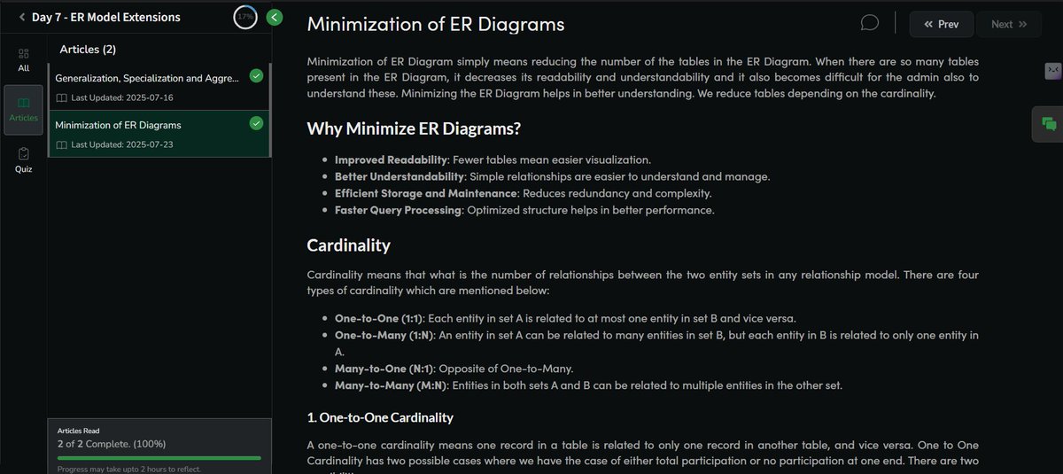 Jaspreetdogra's tweet image. Day 7 of #NationSkillUp with @geeksforgeeks 🧠
📌 Explored ER Model Extensions
🔹 Generalization & Specialization
🔹 Aggregation
🔹 ER Diagram Minimization
🔗 geeksforgeeks.org/batch/skill-up…
#SkillUpWithGFG #CSFundamentals #100DaysOfCode