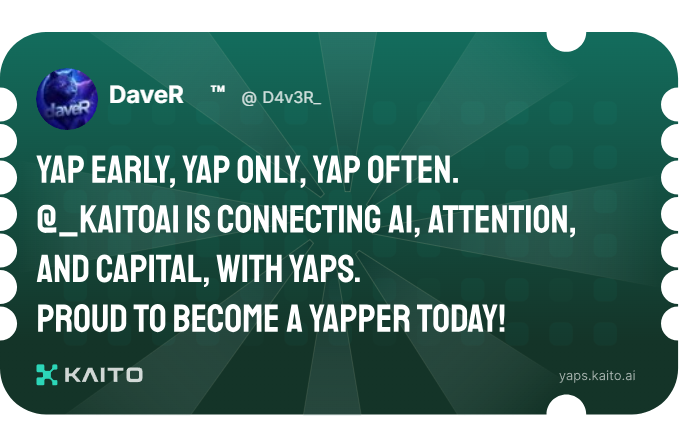 DaveR™ (@d4v3r_) on Twitter photo Yap early, yap only, yap often.
<a href="/KaitoAI/">Kaito AI 🌊</a> is connecting AI, attention and capital with Yaps.
Just claimed my social card and I'm accumulating Yap points in real-time.
Claim yours 👉 yaps.kaito.ai/referral/17879… Yap early, yap only, yap often.
<a href="/KaitoAI/">Kaito AI 🌊</a> is connecting AI, attention and capital with Yaps.
Just claimed my social card and I'm accumulating Yap points in real-time.
Claim yours 👉 yaps.kaito.ai/referral/17879…