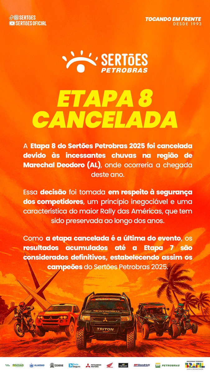 ETAPA CANCELADA! ❌

A 8ª etapa do Sertões Petrobras 2025 foi cancelada devido às chuvas na região de Marechal Deodoro (AL). A decisão foi tomada em respeito à segurança de todos.

Como a etapa cancelada é a última, os resultados até a 7ª etapa são considerados definitivos.
