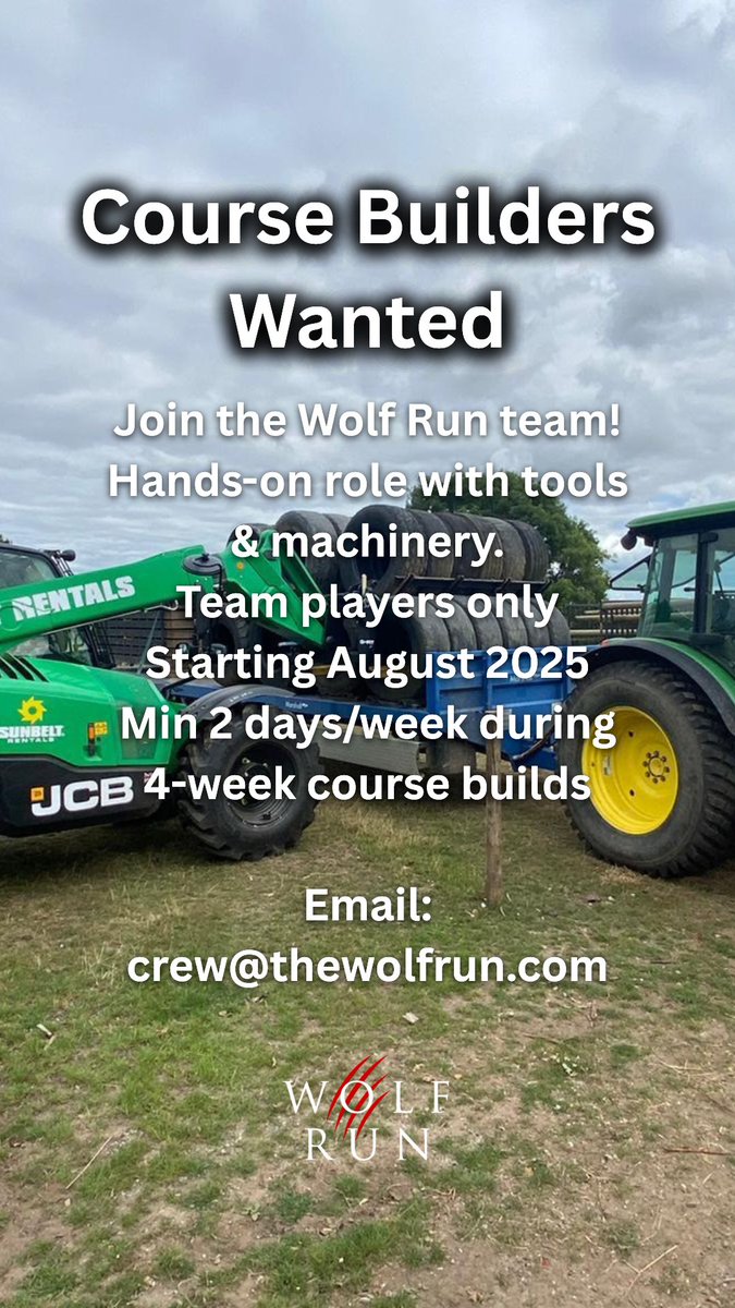 thewolfrun's tweet image. We’re looking for Course Builders to help bring the Wolf Run to life!

Tools, mud, machinery and plenty of team banter included 
Starts August 2025 min 2 days a week over a 4-week build.

Email us: crew@thewolfrun.com
#WolfRun #WolfRun2025 #MudMakers #JoinThePack #TeamWork
