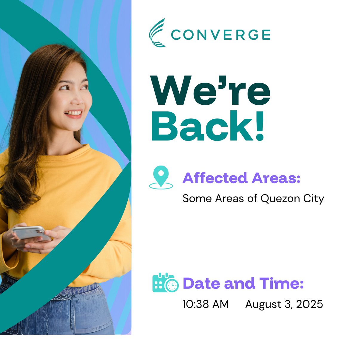 ConvergeSupport's tweet photo. To our valued subscriber:

We are glad to report that our connectivity issues in some areas of Quezon City have been resolved.

You may now check the quality of your internet connection at https://t.co/RdTKUUHK1z.

Please feel free to contact us if you are still experiencing issues with your connection.

Thank you for your patience and understanding.