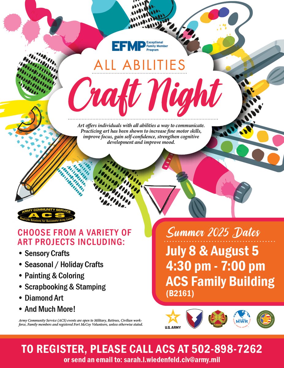 Fort McCoy MWR (@fortmccoymwr) on Twitter photo All Abilities Craft Night is back August 5 at 4:30 pm at Army Community Service. All skill levels welcome - come craft, connect & create in a fun, inclusive space. #ACS #SoldiersFamiliesRetireesCivilians #FortMcCoyMWR <a href="/181MFTB/">181st Inf. Bde. (MFTB)</a> <a href="/88RDBlueDevils/">88th Readiness Division</a> <a href="/86thD/">86th Training Division</a> <a href="/USAGMcCoy/">Fort McCoy</a> All Abilities Craft Night is back August 5 at 4:30 pm at Army Community Service. All skill levels welcome - come craft, connect & create in a fun, inclusive space. #ACS #SoldiersFamiliesRetireesCivilians #FortMcCoyMWR <a href="/181MFTB/">181st Inf. Bde. (MFTB)</a> <a href="/88RDBlueDevils/">88th Readiness Division</a> <a href="/86thD/">86th Training Division</a> <a href="/USAGMcCoy/">Fort McCoy</a>