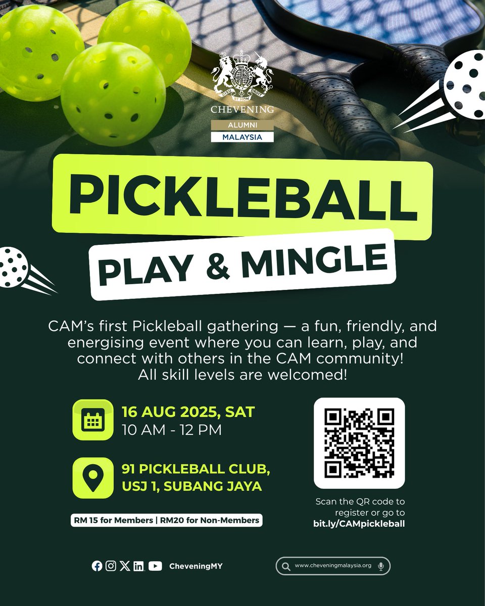 CheveningMY's tweet photo. 𝑺𝒆𝒓𝒗𝒆 𝒖𝒑 𝒔𝒐𝒎𝒆 𝒇𝒖𝒏! 🥒🎾

Chevening Alumni Malaysia is hosting its first-ever Pickleball Play &amp; Mingle event, and you’re invited!

Click to learn more 👇🏻 https://t.co/J5lKYMDKXm