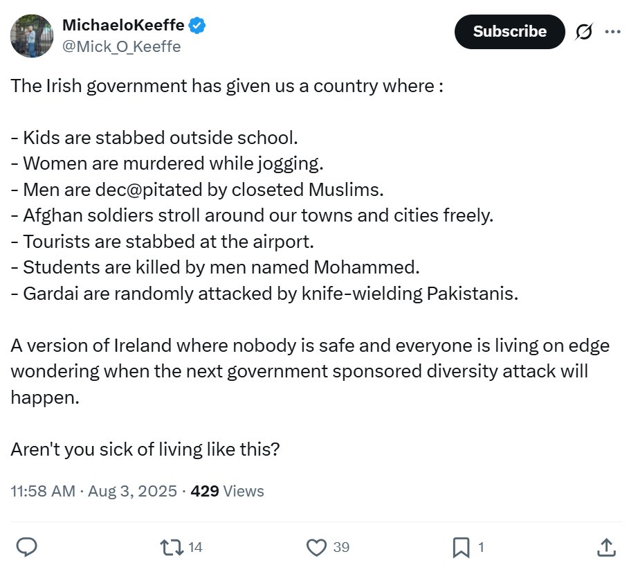 Danny Boy (@care2much18) on Twitter photo "Nobody is safe and everyone is living on edge in Ireland" due to recent immigrants committing murder, according to racist.
Number of homicide offences (% change) š®šŖ
2007: 153
2024: 76 (-50%)
He probably preferred 153 homicides, as it was a time with fewer immigrants. 
Idiot. "Nobody is safe and everyone is living on edge in Ireland" due to recent immigrants committing murder, according to racist.
Number of homicide offences (% change) š®šŖ
2007: 153
2024: 76 (-50%)
He probably preferred 153 homicides, as it was a time with fewer immigrants. 
Idiot.