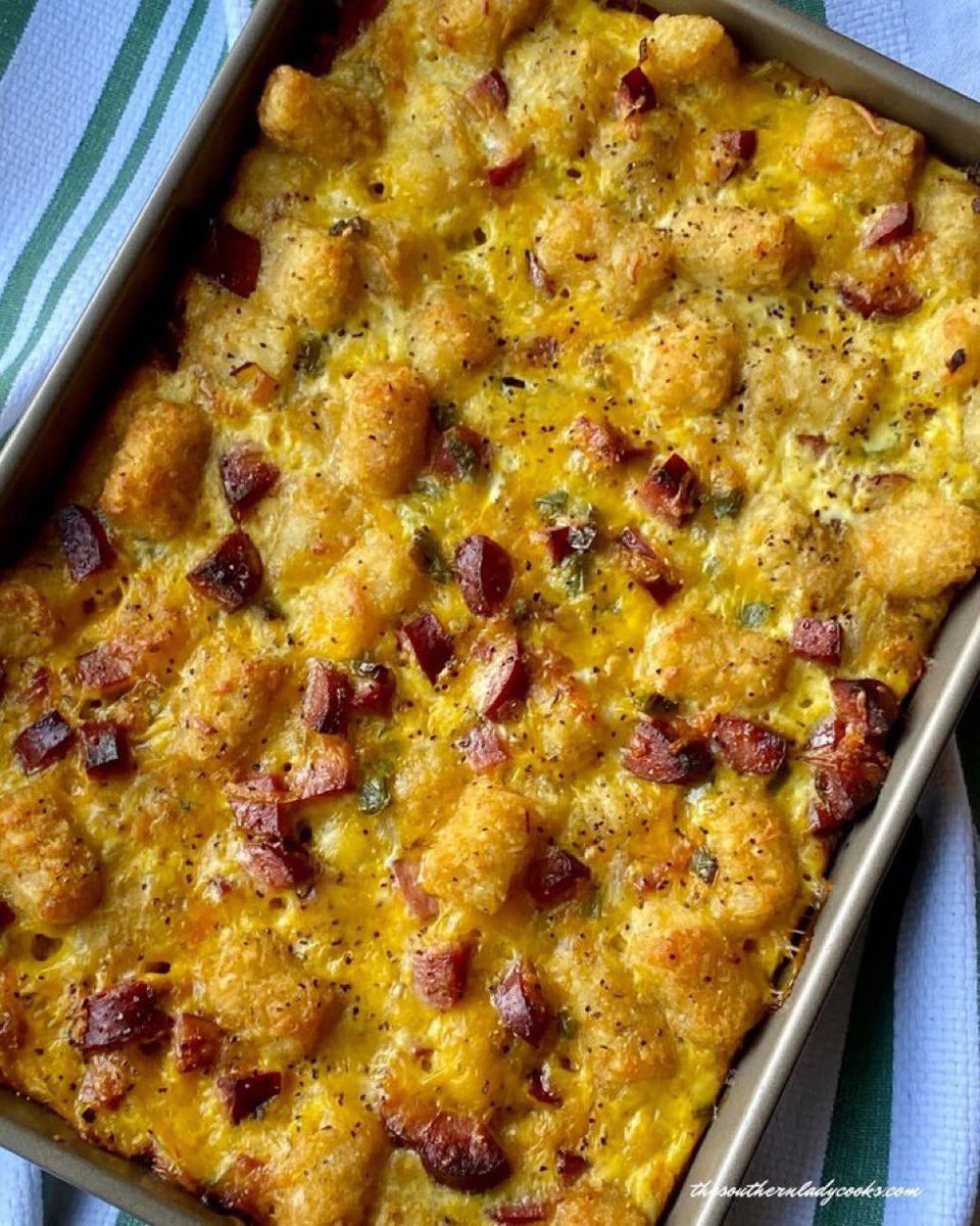 Tater Tot Breakfast Casserole is loaded with smoky sausage, eggs, cheese, and golden tots — baked up hot and bubbly, with crispy edges and melty goodness in every bite! #breakfast #Food

recipe➡️ thesouthernladycooks.com/tater-tot-brea…