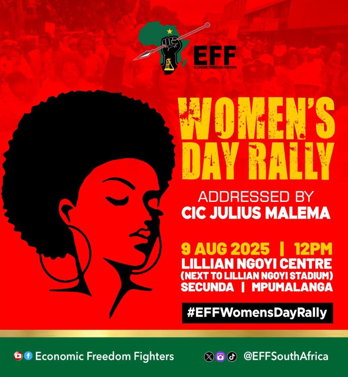 Economic Freedom Fighters (@effsouthafrica) on Twitter photo ♦️Do Not Miss It♦️
CIC <a href="/Julius_S_Malema/">Julius Sello Malema</a> will address the EFF Women’s Day Rally on 9 August 2025 at the Lillian Ngoyi Centre in Secunda, Mpumalanga.
We honour the legacy of over 20,000 courageous women who, in 1956, marched to the Union Buildings in protest against the ♦️Do Not Miss It♦️
CIC <a href="/Julius_S_Malema/">Julius Sello Malema</a> will address the EFF Women’s Day Rally on 9 August 2025 at the Lillian Ngoyi Centre in Secunda, Mpumalanga.
We honour the legacy of over 20,000 courageous women who, in 1956, marched to the Union Buildings in protest against the