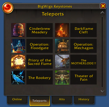 BigWigs now has a "Mythic+" module in the tools section to begin providing quality of life tweaks. We've also added a new window for checking keystones, run history, and activating teleports. Send feedback to our Discord!