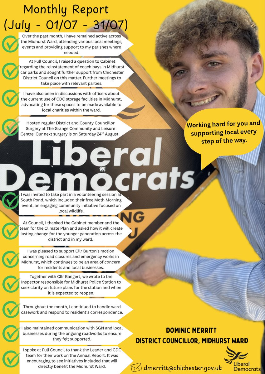 MidhurstDis's tweet photo. 💼✨Another busy and productive month serving as your District Councillor for the Midhurst Ward. 

📄My July report is below. 

👁️‍🗨️If there is a campaign you are passionate about or anything you would like to discuss, I am here to help. Please don’t hesitate to get in touch https://t.co/5ZLRpjar56