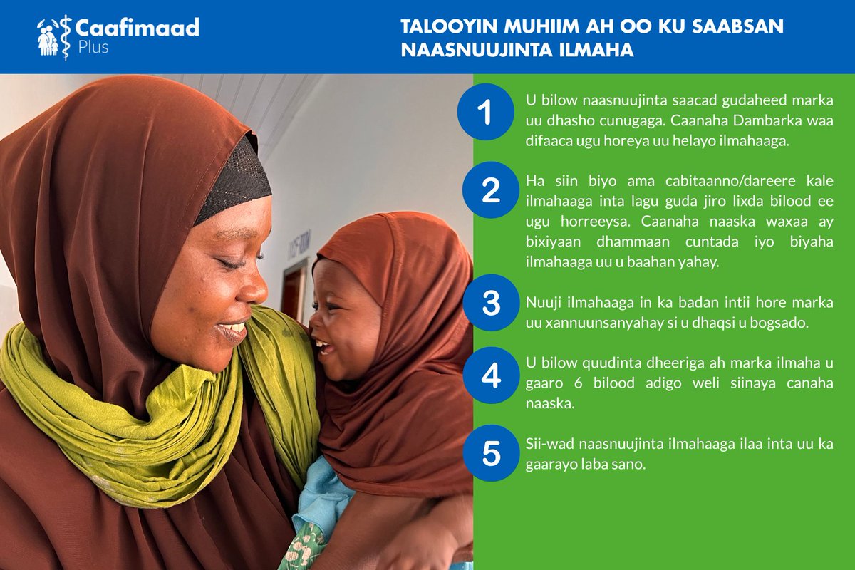 As part of our work to support maternal and child health, <a href="/CaafimaadP/">Caafimaad+ Consortium</a> teaches mothers about optimal infant feeding, starting breastfeeding early, often, and exclusively. Today, we’re sharing tips that help protect babies and support families. #wbw2025