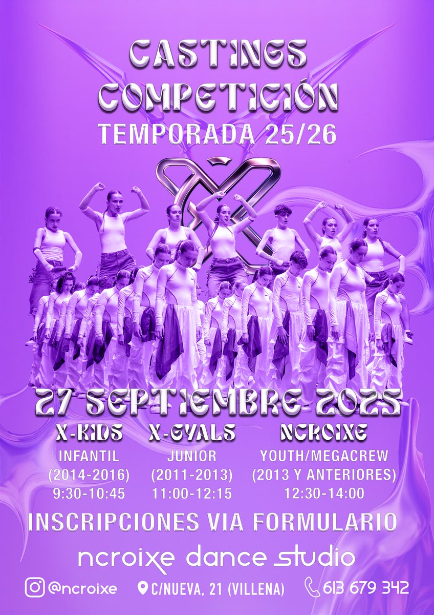 ncroixe's tweet photo. 😈CASTINGS NCROIXE 2025😈

¿Te gustaría competir por España formando parte de los grupos de competición de NCroiXe? Apúntate ya a nuestros castings que tendrán lugar el sábado 28 de Septiembre en NCroiXe Dance Studio (C/Nueva, 21).

📩 Inscripciones: https://t.co/g6dAQcx4KO https://t.co/IY9gxXmC6g
