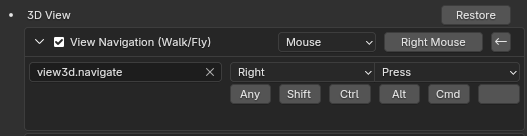 Any #Blender user there who has managed to match view navigation with #Unity? Other movements are fine, but for walk / fly I have to confirm each movement with left click, otherwise the view resets to start. How to make the release of right button confirm the new position? #b3d