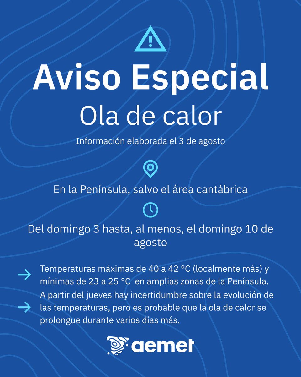⚠️AVISO ESPECIAL POR OLA DE CALOR | Actualización

→ Temperaturas diurnas entre 5 y 10 °C por encima de lo normal en la mayor parte de la Península.

 → Es probable que la ola de calor sea larga y persista, al menos, hasta el próximo domingo.

+ info 👉
aemet.es/es/eltiempo/pr…