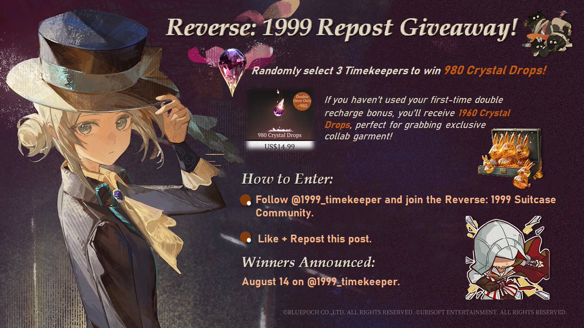 1999_timekeeper's tweet image. 🌟Reverse: 1999 Repost Giveaway! 🌟Let's prepare for the Collab Version!!

☔️I'll randomly select 3 Timekeepers to win 980 Crystal Drops!

🍊How to Enter:
1⃣Follow @1999_timekeeper and join the Reverse: 1999 Suitcase Community
2⃣Like + Repost this post

Join Community Now:…