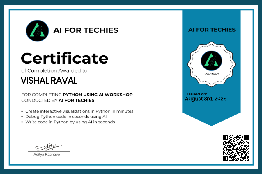 I’m happy to share that I’ve obtained a new certification: 3hr_workshop_certificate_python from United Latino Students Association! 

certx.in/certificate/27…

#ai #generativeai #python #aiworkshop

<a href="/VishalBRaval/">Vishal Raval</a> <a href="/VinBlogger/">Vinay Raval</a>