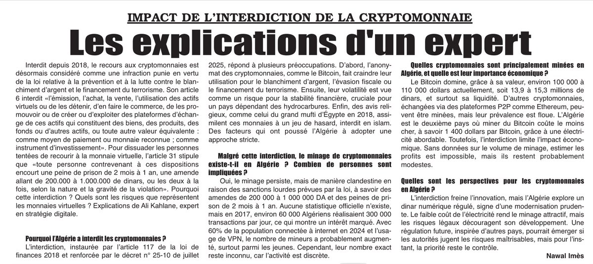 𝐂𝐫𝐲𝐩𝐭𝐨𝐦𝐨𝐧𝐧𝐚𝐢𝐞𝐬 𝐞𝐧 𝐀𝐥𝐠𝐞́𝐫𝐢𝐞 : 𝐢𝐧𝐭𝐞𝐫𝐝𝐢𝐜𝐭𝐢𝐨𝐧, 𝐞𝐧𝐣𝐞𝐮𝐱 𝐞𝐭 𝐩𝐞𝐫𝐬𝐩𝐞𝐜𝐭𝐢𝐯𝐞𝐬

Interdites depuis 2018 et désormais sanctionnées par le décret exécutif n°25-10 de juillet 2025, les cryptomonnaies font toujours débat. Dans cette interview