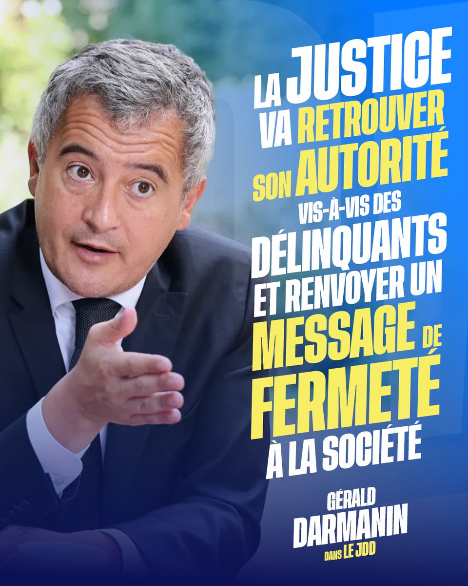 🔴 Aujourd’hui, une peine sur deux n’est pas exécutée en prison. La justice va retrouver son autorité vis-à-vis des délinquants et renvoyer un message de fermeté à la société.

🗞️ L’entretien de Gérald Darmanin dans le JDD : lejdd.fr/politique/gera…